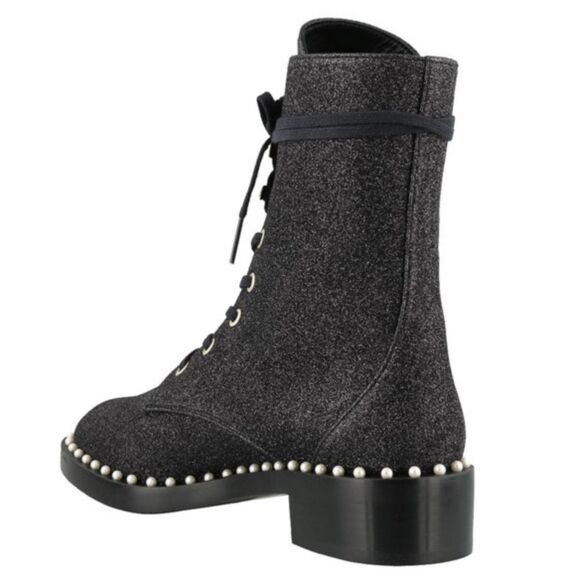 Stuart Weitzman|Sondra Bead Embellished Black Glitter Combat Boots, 6 - Picture 5 of 16